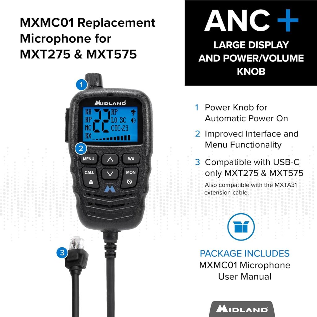 Midland – MXMC01 | Replacement Microphone for MXT275  MXT575 – ANC Automatic Noise Canceling Electronic Microphone – Off-Roading Loud and Open-Air Vehicle - GMRS Farming Overlanding