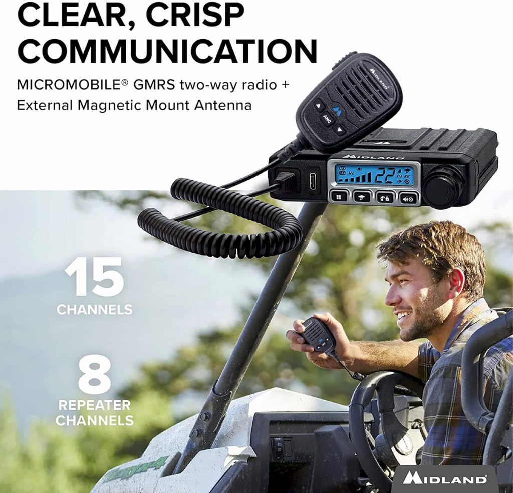 Midland – MXT115 - 15 Watt GMRS MicroMobile Two Way Trails Radio - Off Roading Outdoor RZR Farm - 8 Repeater Channels Extended Range - External Magnetic Mount Antenna - NOAA Weather Alerts