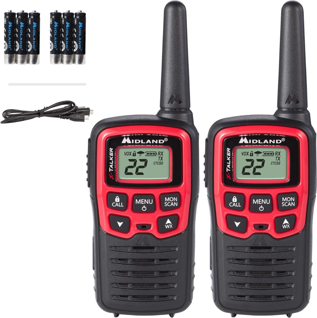 Midland® - T31VP - X Talker - 22 Channel FRS Walkie Talkies - Extended Range Two-Way Radios, 38 Privacy Codes,  NOAA Weather Alert - Set of 2 - Black/Red